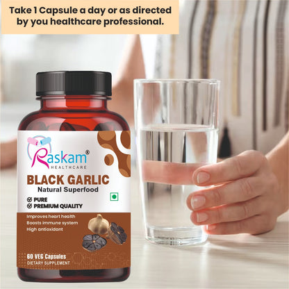 Raskam Natural Black Garlic Capsules Superfood Immunity Booster - Heart & Weight Management - Detox Antioxidant Supplement (60 Veg Capsules)