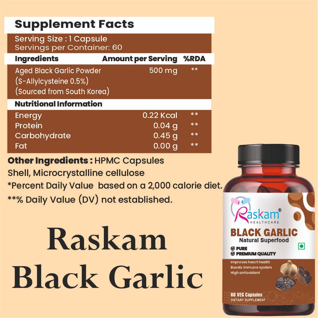 Raskam Natural Black Garlic Capsules Superfood Immunity Booster - Heart & Weight Management - Detox Antioxidant Supplement (60 Veg Capsules)