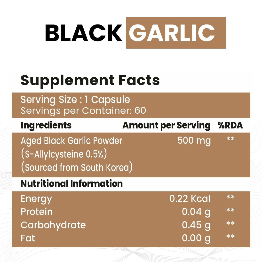 Raskam Natural Black Garlic Capsules Superfood Immunity Booster - Heart & Weight Management - Detox Antioxidant Supplement (60 Veg Capsules)