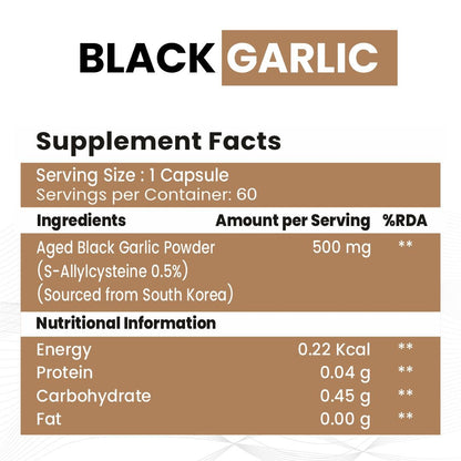 Raskam Natural Black Garlic Capsules Superfood Immunity Booster - Heart & Weight Management - Detox Antioxidant Supplement (60 Veg Capsules)