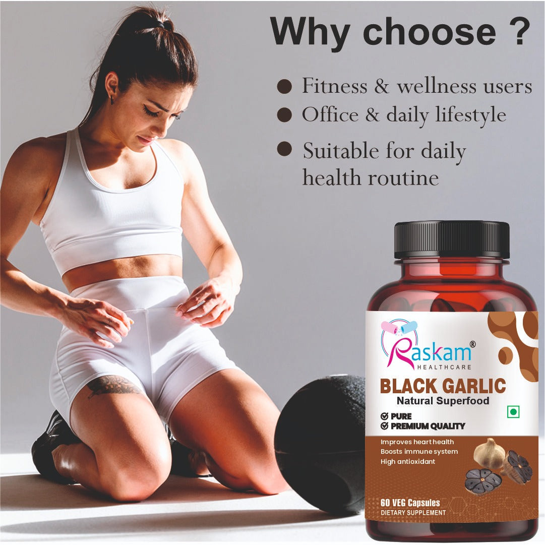 Raskam Natural Black Garlic Capsules Superfood Immunity Booster - Heart & Weight Management - Detox Antioxidant Supplement (60 Veg Capsules)