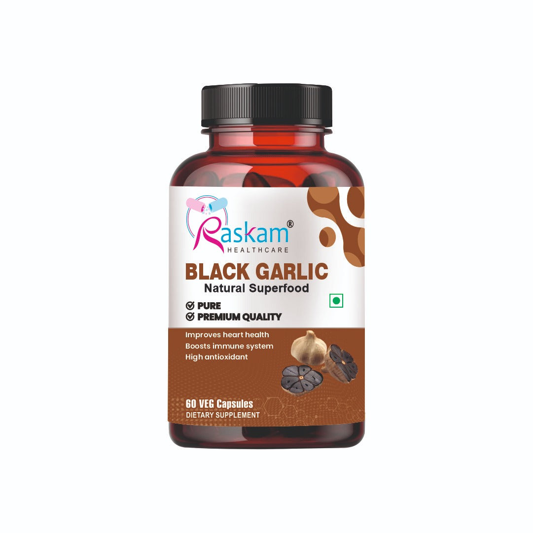 Raskam Natural Black Garlic Capsules Superfood Immunity Booster - Heart & Weight Management - Detox Antioxidant Supplement (60 Veg Capsules)