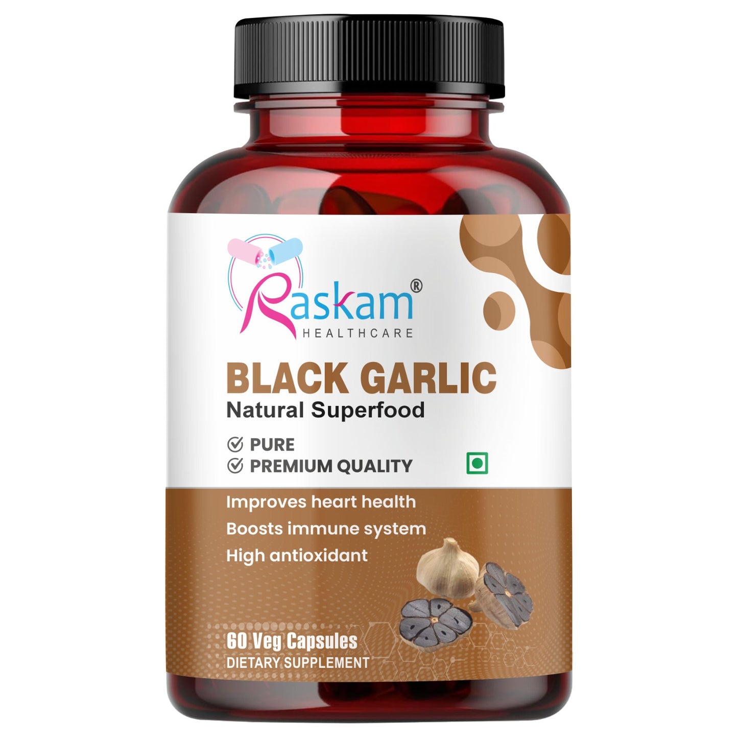 Raskam Natural Black Garlic Capsules Superfood Immunity Booster - Heart & Weight Management - Detox Antioxidant Supplement (60 Veg Capsules)