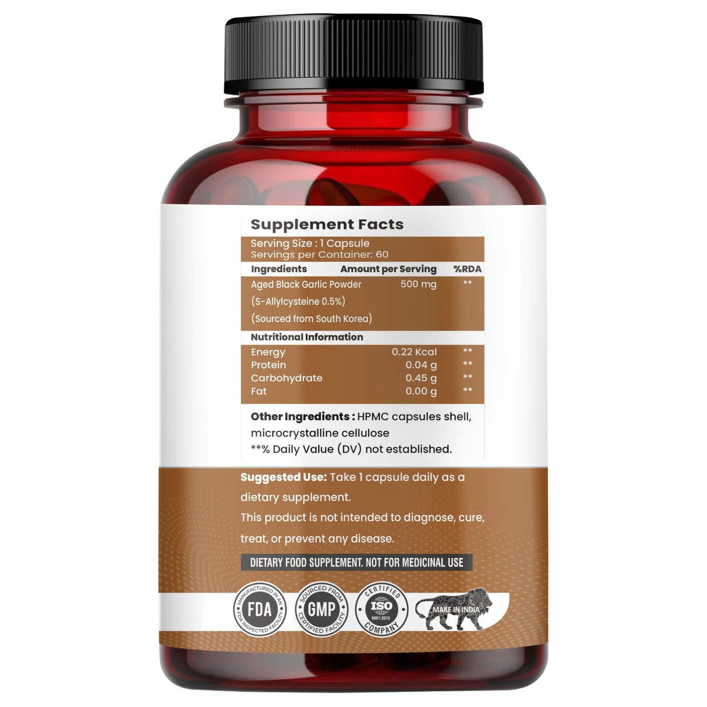 Raskam Natural Black Garlic Capsules Superfood Immunity Booster - Heart & Weight Management - Detox Antioxidant Supplement (60 Veg Capsules)