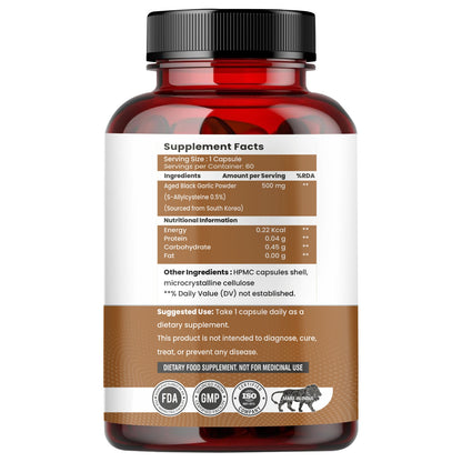 Raskam Natural Black Garlic Capsules Superfood Immunity Booster - Heart & Weight Management - Detox Antioxidant Supplement (60 Veg Capsules)