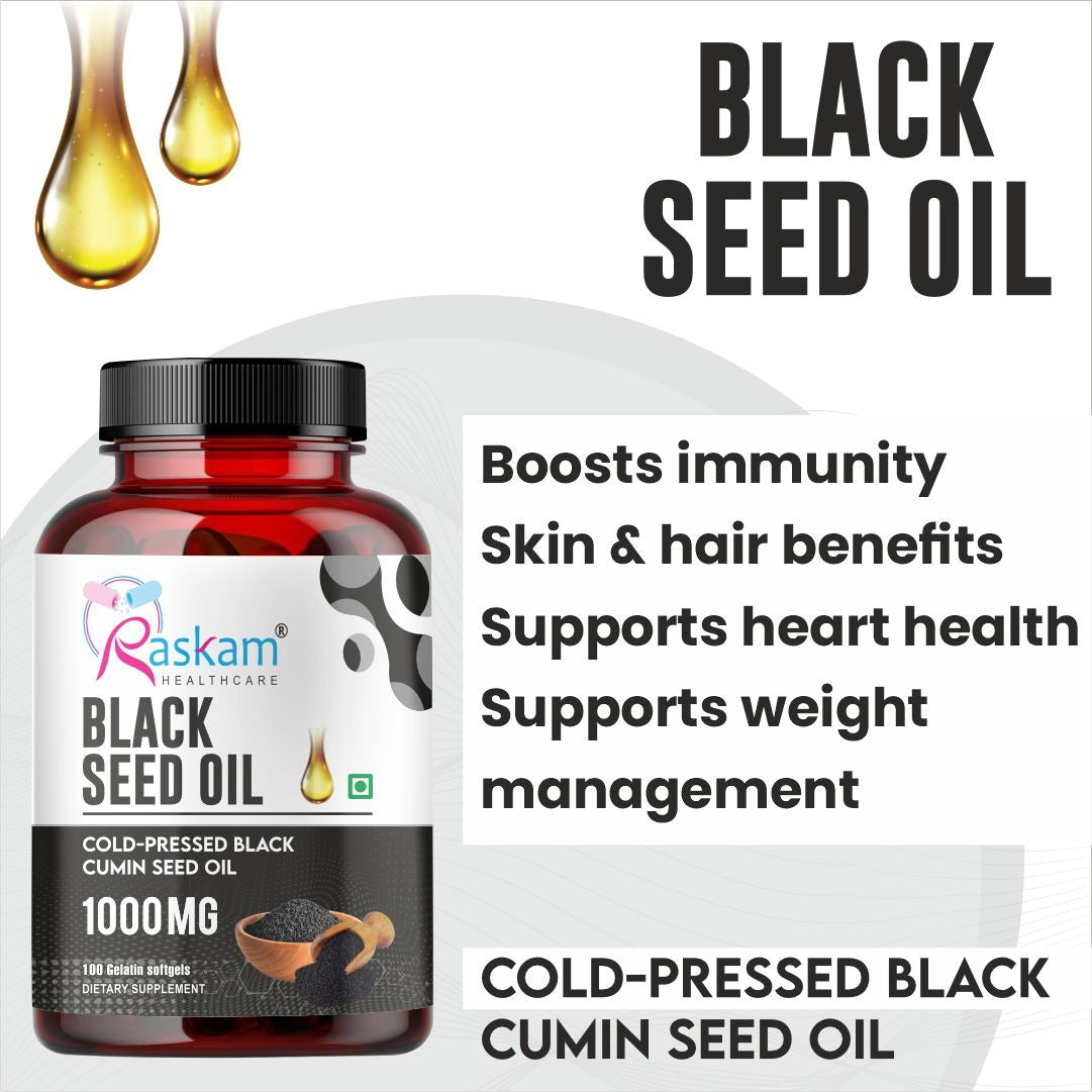 Raskam Black Seed Oil | Premium Cold Pressed Nigella Sativa 1000mg | Heart, Skin & Joint Support | 60 Softgel