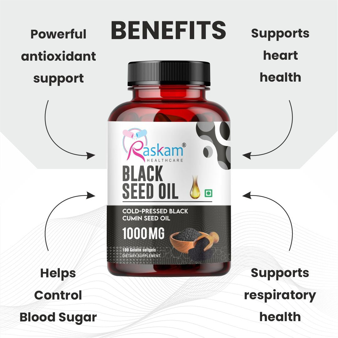 Raskam Black Seed Oil | Premium Cold Pressed Nigella Sativa 1000mg | Heart, Skin & Joint Support | 60 Softgel
