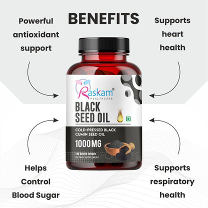 Raskam Black Seed Oil | Premium Cold Pressed Nigella Sativa 1000mg | Heart, Skin & Joint Support | 60 Softgel