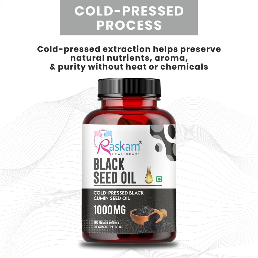 Raskam Black Seed Oil | Premium Cold Pressed Nigella Sativa 1000mg | Heart, Skin & Joint Support | 60 Softgel