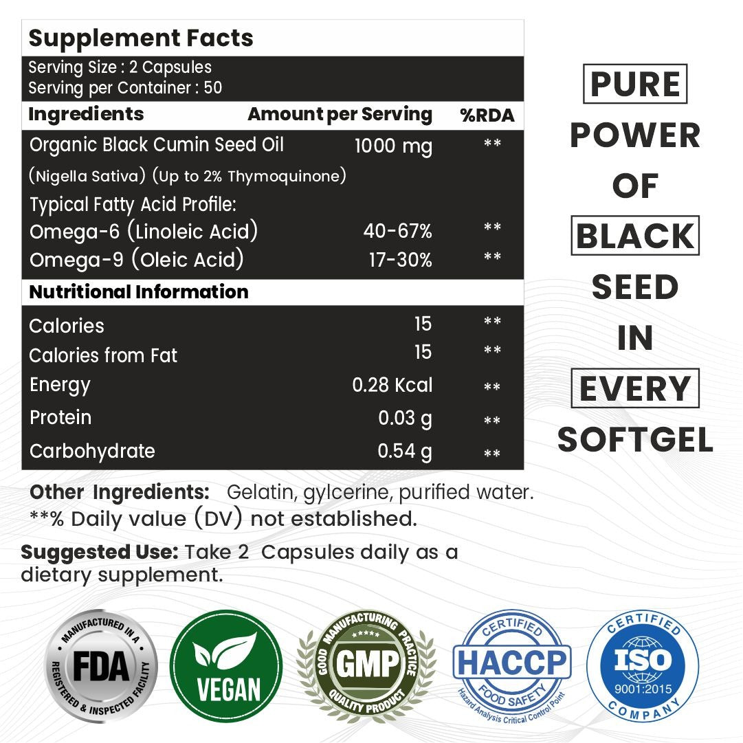 Raskam Black Seed Oil | Premium Cold Pressed Nigella Sativa 1000mg | Heart, Skin & Joint Support | 60 Softgel