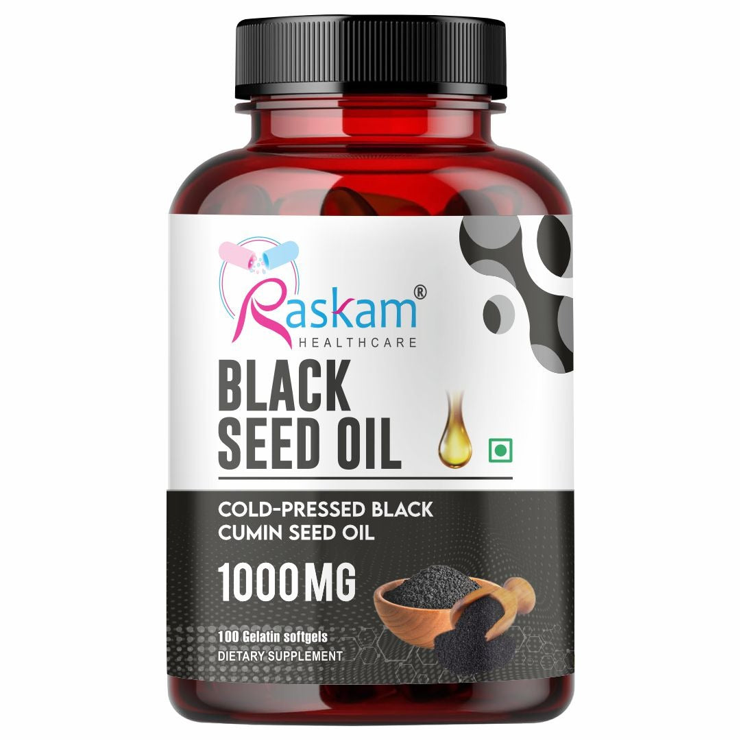 Raskam Black Seed Oil | Premium Cold Pressed Nigella Sativa 1000mg | Heart, Skin & Joint Support | 100 Softgel