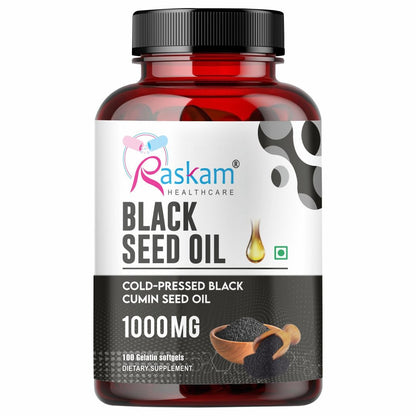 Raskam Black Seed Oil | Premium Cold Pressed Nigella Sativa 1000mg | Heart, Skin & Joint Support | 100 Softgel
