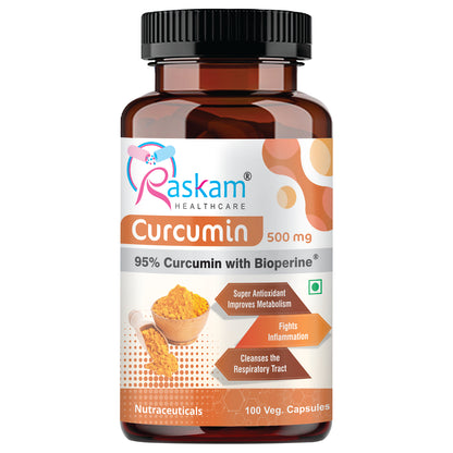 Raskam Curcumin - 100 Capsules- 95% Curcuminoids - Higher Absorption- Antioxidant & Anti-inflammatory Supplement - For Skin, Joint Support, Boosts Immune System