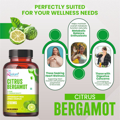 Raskam Citrus Bergamot 1200mg Supplement, 100 Veg Capsules, Antioxidant-Rich Complex for Heart Health and Immune Support