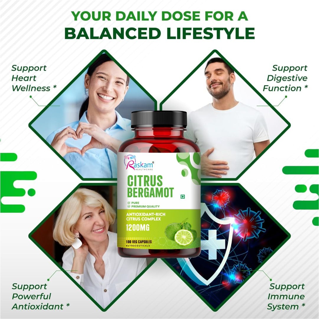 Raskam Citrus Bergamot 1200mg Supplement, 100 Veg Capsules, Antioxidant-Rich Complex for Heart Health and Immune Support