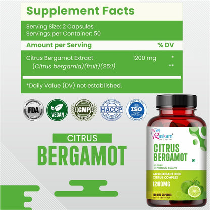 Raskam Citrus Bergamot 1200mg Supplement, 100 Veg Capsules, Antioxidant-Rich Complex for Heart Health and Immune Support