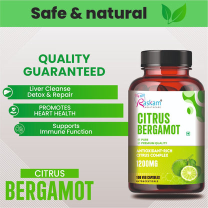Raskam Citrus Bergamot 1200mg Supplement, 100 Veg Capsules, Antioxidant-Rich Complex for Heart Health and Immune Support