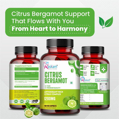 Raskam Citrus Bergamot 1200mg Supplement, 100 Veg Capsules, Antioxidant-Rich Complex for Heart Health and Immune Support