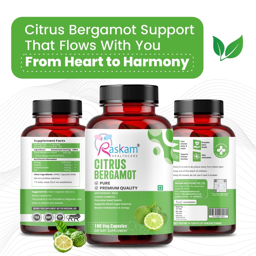 Raskam Citrus Bergamot 1200mg Supplement, 100 Veg Capsules, Antioxidant-Rich Complex for Heart Health and Immune Support