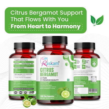 Raskam Citrus Bergamot 1200mg Supplement, 100 Veg Capsules, Antioxidant-Rich Complex for Heart Health and Immune Support