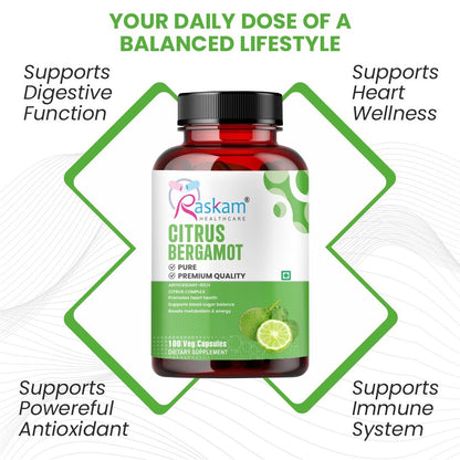 Raskam Citrus Bergamot 1200mg Supplement, 100 Veg Capsules, Antioxidant-Rich Complex for Heart Health and Immune Support