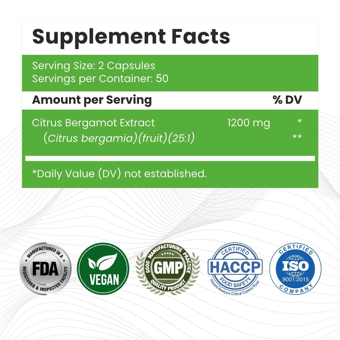 Raskam Citrus Bergamot 1200mg Supplement, 100 Veg Capsules, Antioxidant-Rich Complex for Heart Health and Immune Support