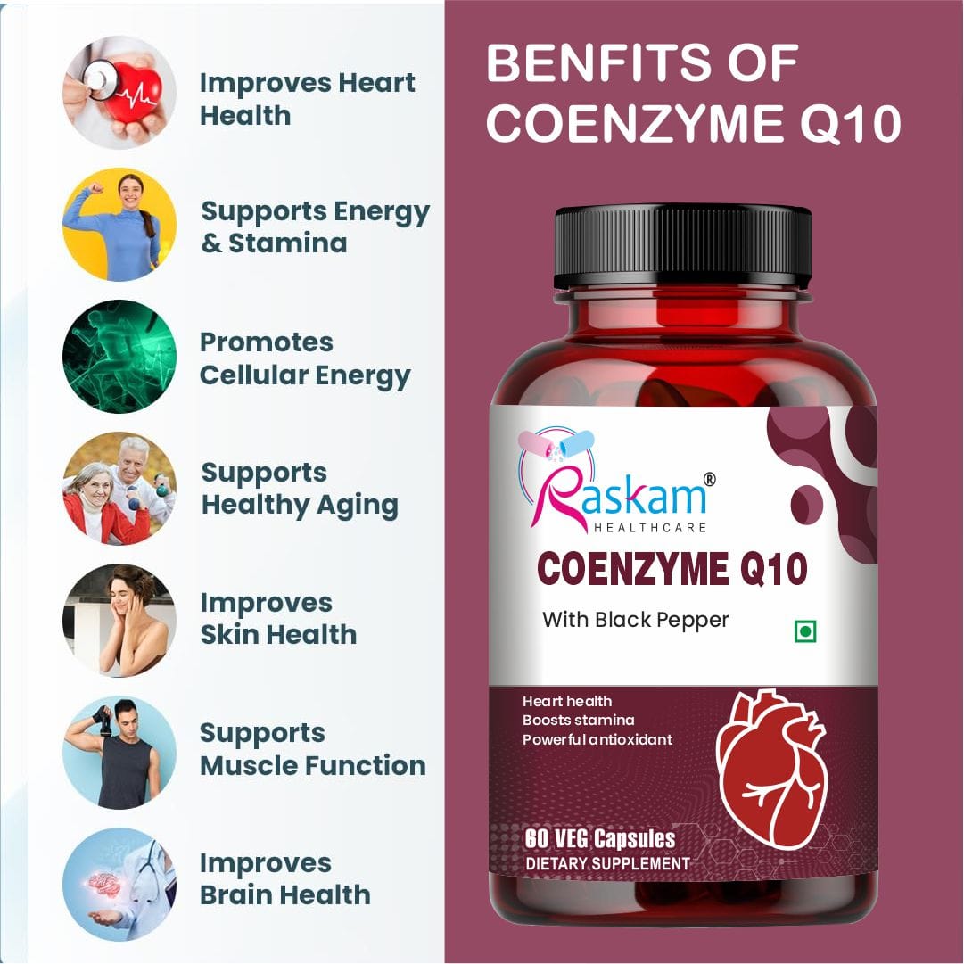 Raskam Coenzyme Q10 (CoQ10) with Piperine  | Supports Heart Health and Vascular Health | 100% Vegetarian – 60 Capsules