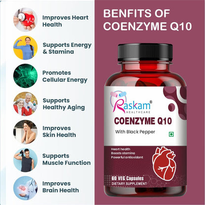 Raskam Coenzyme Q10 (CoQ10) with Piperine  | Supports Heart Health and Vascular Health | 100% Vegetarian – 60 Capsules
