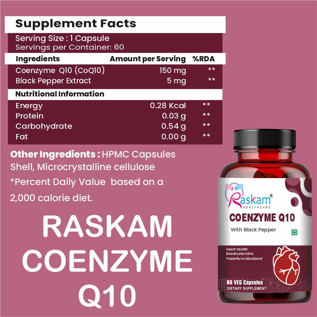 Raskam Coenzyme Q10 (CoQ10) with Piperine  | Supports Heart Health and Vascular Health | 100% Vegetarian – 60 Capsules