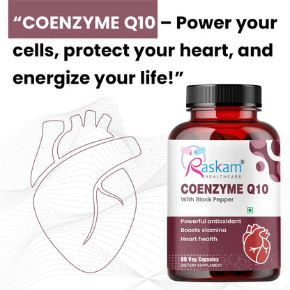 Raskam Coenzyme Q10 (CoQ10) with Piperine  | Supports Heart Health and Vascular Health | 100% Vegetarian – 60 Capsules