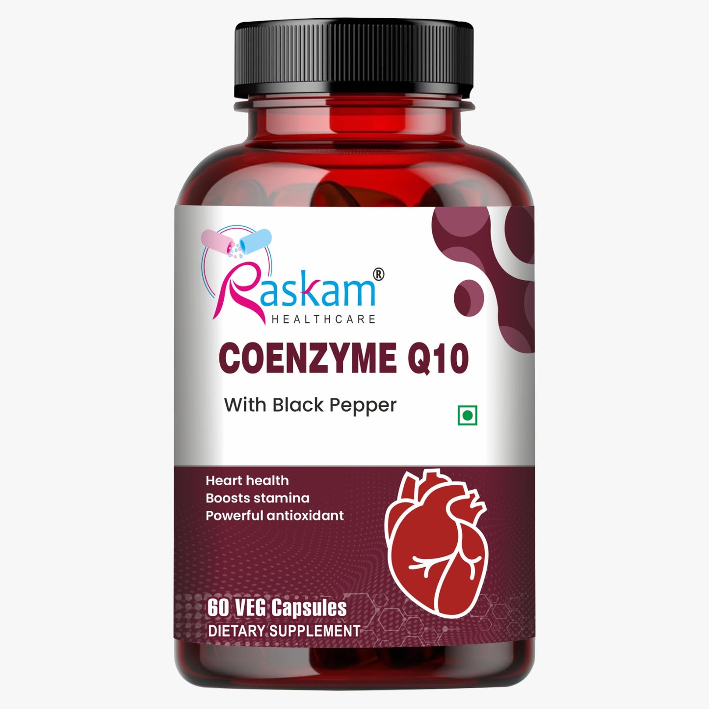 Raskam Coenzyme Q10 (CoQ10) with Piperine  | Supports Heart Health and Vascular Health | 100% Vegetarian – 60 Capsules