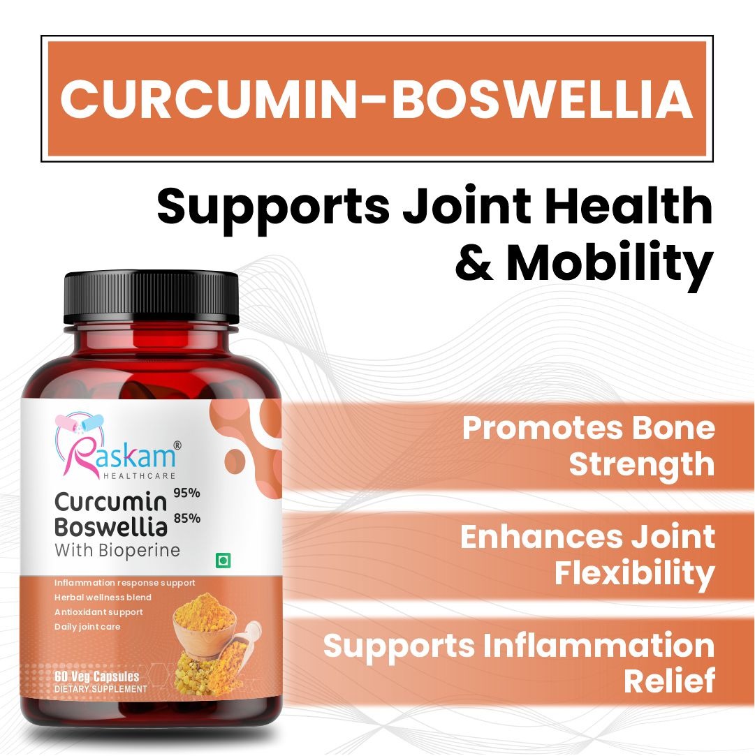 Raskam Curcumin Boswellia with Bioperine - 60 Veg Capsules For Bone and Joint Wellness
