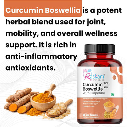 Raskam Curcumin Boswellia with Bioperine - 60 Veg Capsules For Bone and Joint Wellness