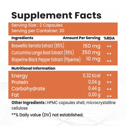 Raskam Curcumin Boswellia with Bioperine - 60 Veg Capsules For Bone and Joint Wellness