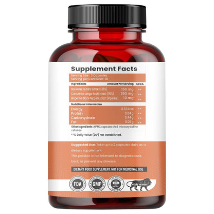 Raskam Curcumin Boswellia with Bioperine - 60 Veg Capsules For Bone and Joint Wellness