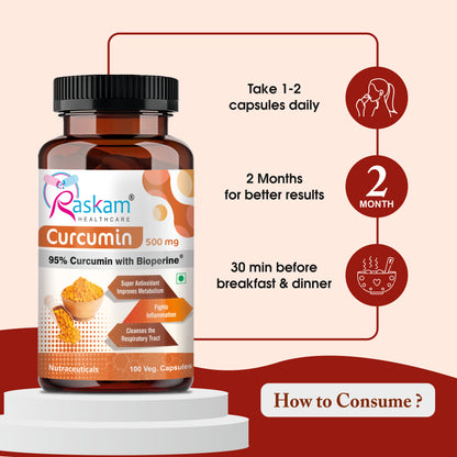 Raskam Curcumin - 100 Capsules- 95% Curcuminoids - Higher Absorption- Antioxidant & Anti-inflammatory Supplement - For Skin, Joint Support, Boosts Immune System