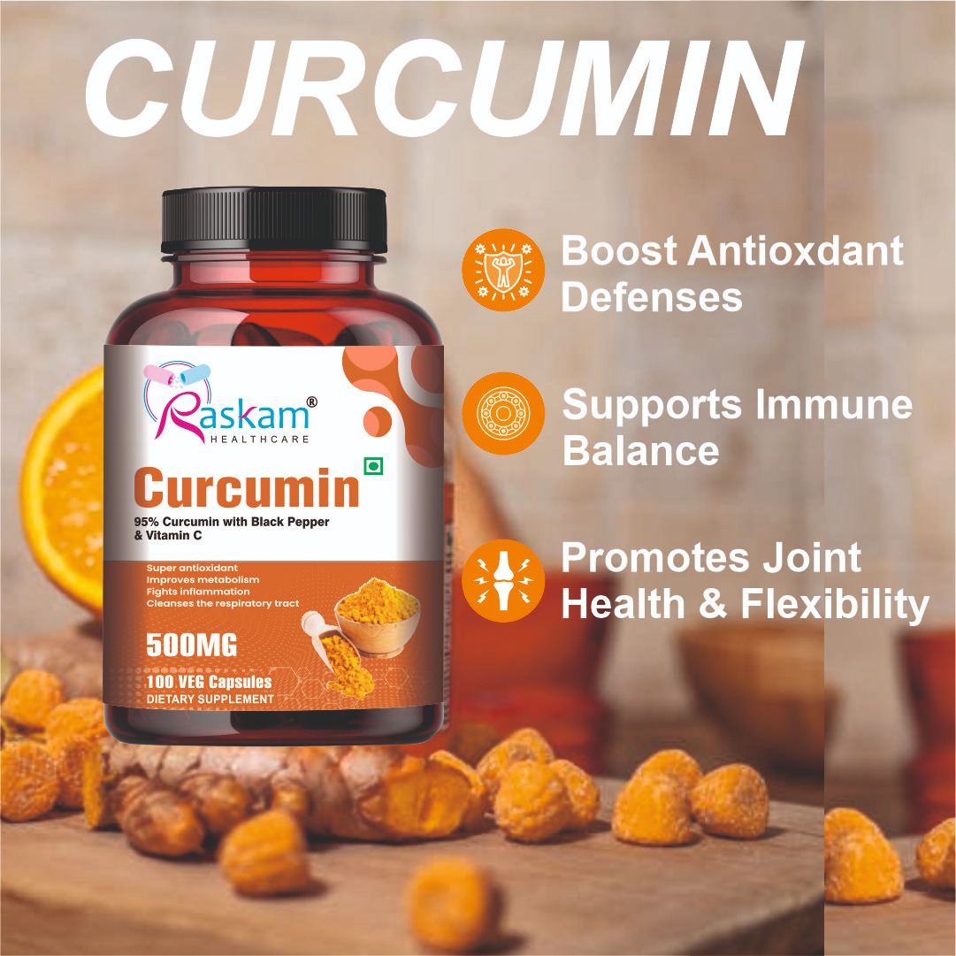 Raskam Curcumin - 100 Capsules- 95% Curcuminoids - Higher Absorption- Antioxidant & Anti-inflammatory Supplement - For Skin, Joint Support, Boosts Immune System