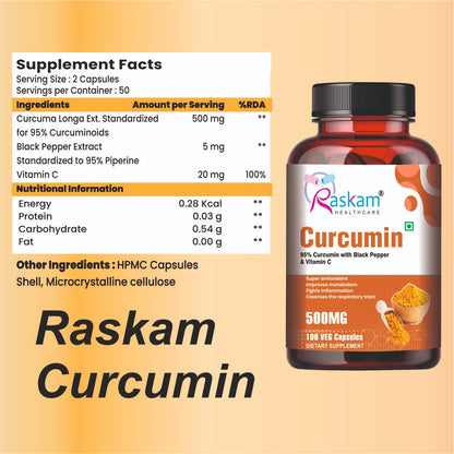 Raskam Curcumin - 100 Capsules- 95% Curcuminoids - Higher Absorption- Antioxidant & Anti-inflammatory Supplement - For Skin, Joint Support, Boosts Immune System