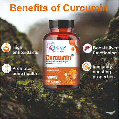 Raskam Curcumin - 100 Capsules- 95% Curcuminoids - Higher Absorption- Antioxidant & Anti-inflammatory Supplement - For Skin, Joint Support, Boosts Immune System