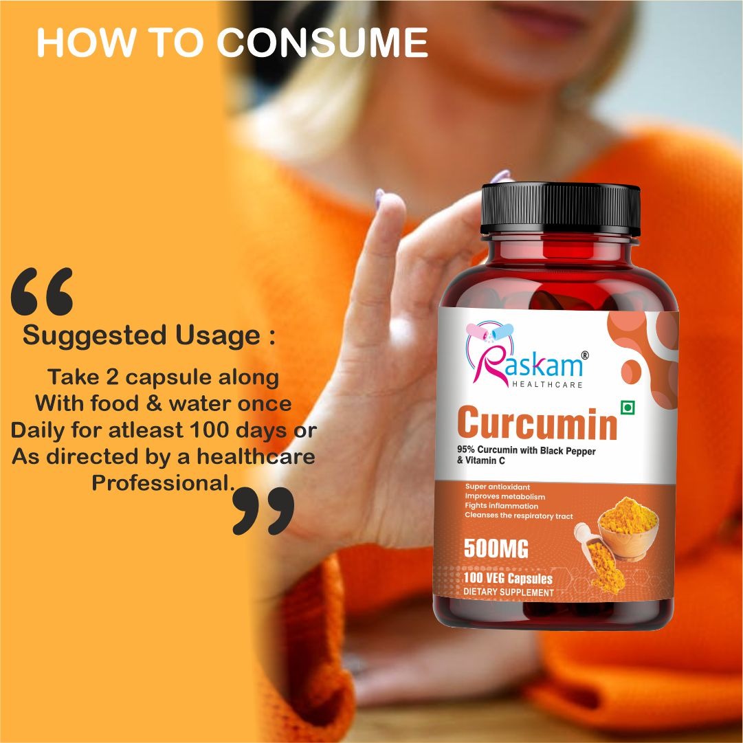 Raskam Curcumin - 100 Capsules- 95% Curcuminoids - Higher Absorption- Antioxidant & Anti-inflammatory Supplement - For Skin, Joint Support, Boosts Immune System
