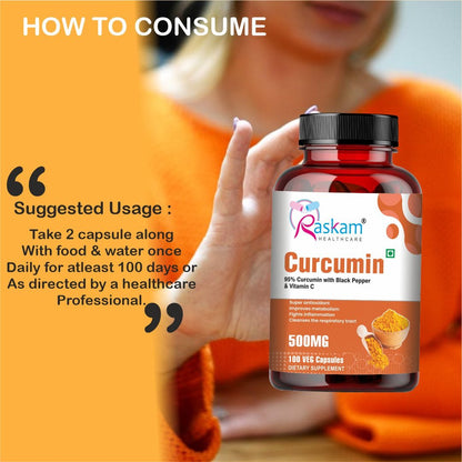 Raskam Curcumin - 100 Capsules- 95% Curcuminoids - Higher Absorption- Antioxidant & Anti-inflammatory Supplement - For Skin, Joint Support, Boosts Immune System
