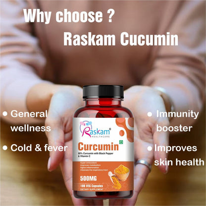 Raskam Curcumin - 100 Capsules- 95% Curcuminoids - Higher Absorption- Antioxidant & Anti-inflammatory Supplement - For Skin, Joint Support, Boosts Immune System