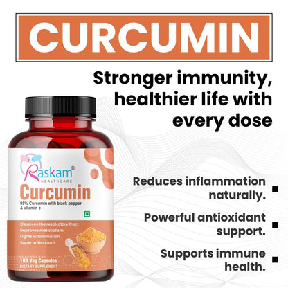 Raskam Curcumin - 100 Capsules- 95% Curcuminoids - Higher Absorption- Antioxidant & Anti-inflammatory Supplement - For Skin, Joint Support, Boosts Immune System