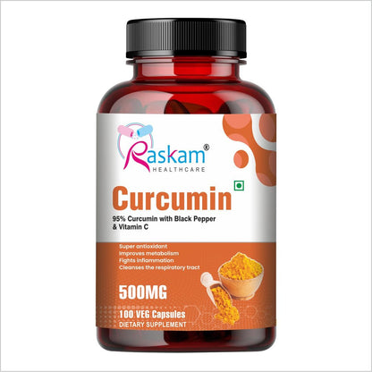 Raskam Curcumin - 100 Capsules- 95% Curcuminoids - Higher Absorption- Antioxidant & Anti-inflammatory Supplement - For Skin, Joint Support, Boosts Immune System