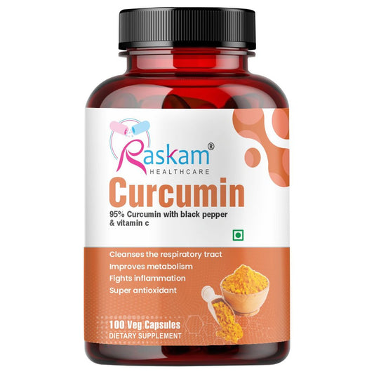 Raskam Curcumin - 100 Capsules- 95% Curcuminoids - Higher Absorption- Antioxidant & Anti-inflammatory Supplement - For Skin, Joint Support, Boosts Immune System