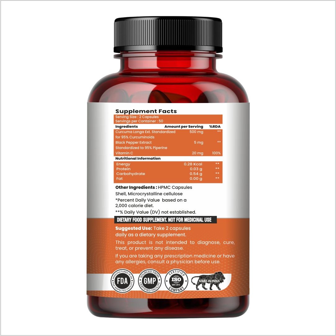 Raskam Curcumin - 100 Capsules- 95% Curcuminoids - Higher Absorption- Antioxidant & Anti-inflammatory Supplement - For Skin, Joint Support, Boosts Immune System