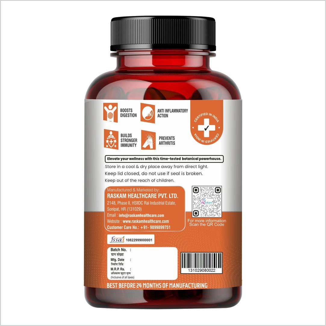 Raskam Curcumin - 100 Capsules- 95% Curcuminoids - Higher Absorption- Antioxidant & Anti-inflammatory Supplement - For Skin, Joint Support, Boosts Immune System