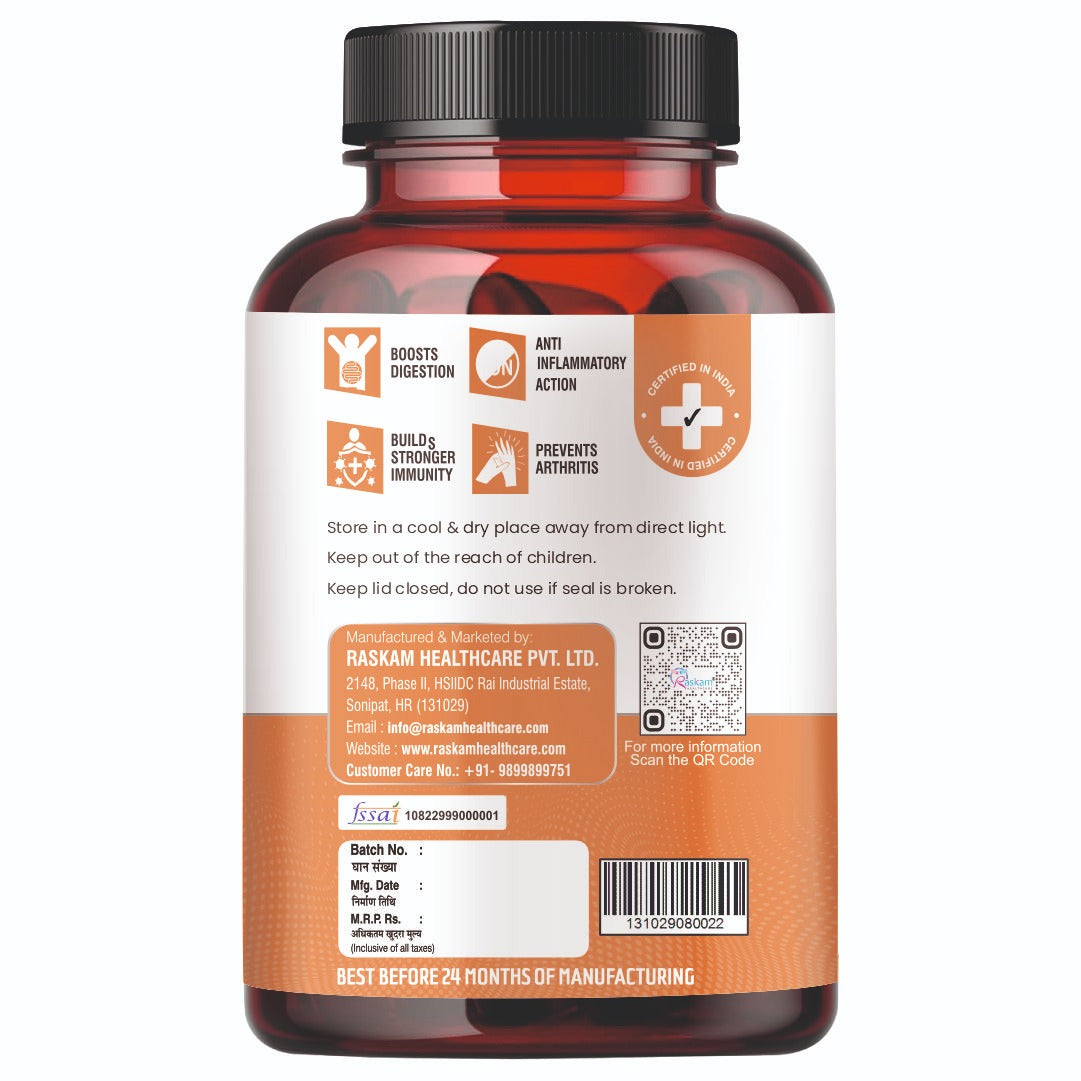 Raskam Curcumin - 100 Capsules- 95% Curcuminoids - Higher Absorption- Antioxidant & Anti-inflammatory Supplement - For Skin, Joint Support, Boosts Immune System