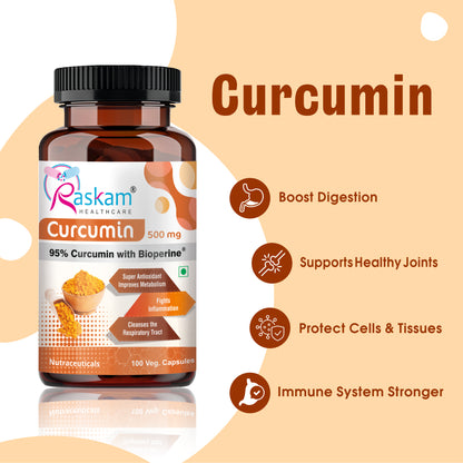 Raskam Curcumin - 100 Capsules- 95% Curcuminoids - Higher Absorption- Antioxidant & Anti-inflammatory Supplement - For Skin, Joint Support, Boosts Immune System