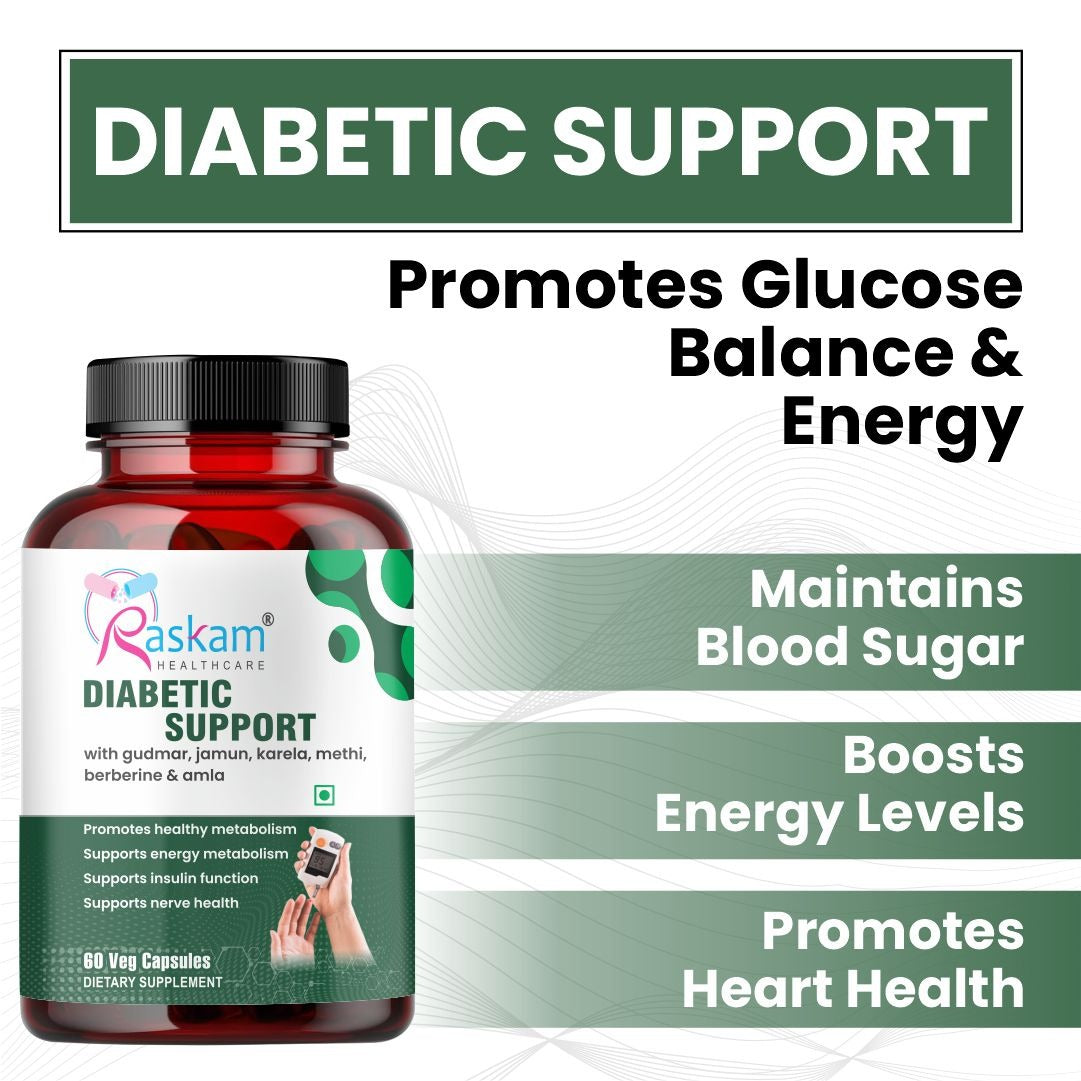 Raskam Diabetic Support Advanced Blood Sugar Support | FSSAI approved Diabetes Care Formula with modern scientific validation Berberine, Cinnamon, Fenugreek, Green Tea to Maintain Healthy Blood Sugar Levels - 60 Veg Capsule